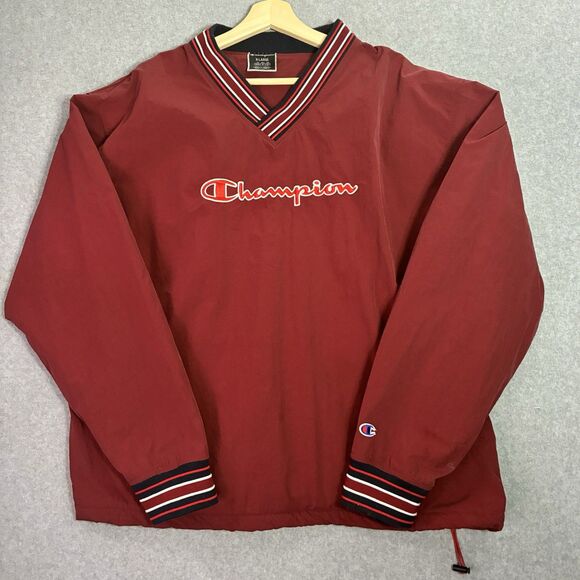 Champion Pullover Windbreaker Jacket XL Red Embroidered Logo Lined Vintage - Picture 1 of 9